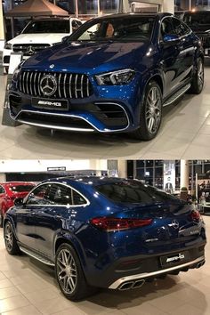 two pictures of the front and back end of a blue mercedes suv in a showroom