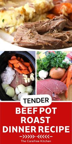 tender beef roast dinner recipe with carrots, potatoes and other vegetables on the side