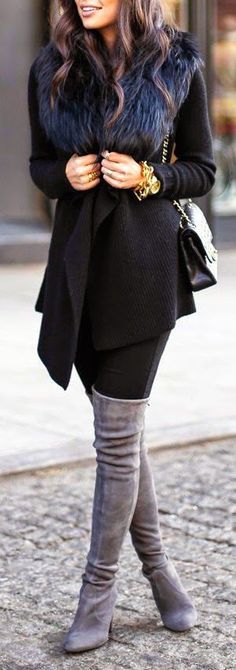 #winter #fashion / all black + gray boots + faux fur Rok Outfit, Winter Date Night Outfits, Chique Outfit, Thigh Boots, Blazer Outfit, Neue Outfits, Trendy Street Style, Grey Boots