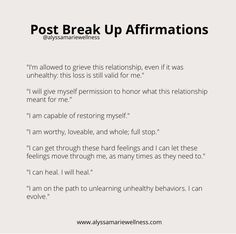 the words post break up affirmmations are written in black on white paper