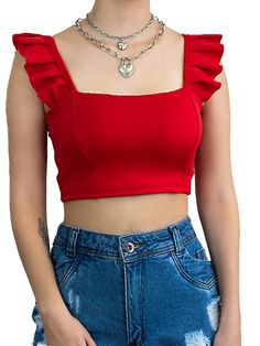 TOP COM BOJO  VESTE 36-40CROPPED TOP PLISSADO SIMPLES ALCINHA BABADO Vermelho Boho   Tecido  Alça Larga Elasticidade Média  Women Clothing, size features are:Bust: ,Length: ,Sleeve Length: Trending Crop Top Designs, Trending Blouse Design, Trending Blouse, Wedding Outfits For Family Members, Boat Neck Blouse Design, Blouse Design Images, Crop Top Designs, Clothing Design Sketches, Womens Clothing Patterns