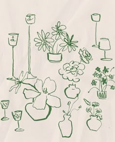 a drawing of flowers, vases and glasses on a piece of paper with green ink