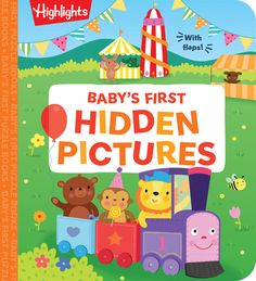 baby's first hidden pictures book with an image of a train and animals on it