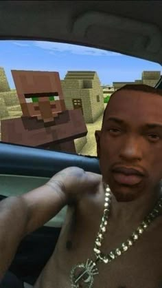 a shirtless man sitting in the back seat of a car next to a minecraft character