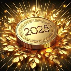 a golden coin with the number 205 on it surrounded by gold leaves and sparkles