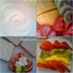 four different pictures of fruit and cream on bread, including bananas, kiwis, strawberries, oranges, pineapple