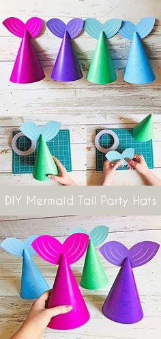 the instructions for how to make mermaid tail party hats with construction paper and glue on them