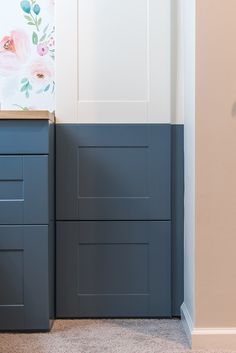 a kitchen with blue cabinets and floral wallpaper