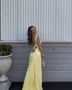 Prom Dress Inspiration Yellow, Prom Dresses Light Yellow, Fancy Prom Dresses Long Ball Gown, Andie Anderson Yellow Dress, Backless Satin Prom Dress, Andie Anderson Outfits, Prom Yellow Dress, Yellow Ball Dress, Pale Yellow Prom Dress