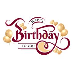 happy birthday to you with gold balloons and red lettering on a white background, logo, illustration png and psd