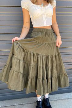 Product Details 100% Cotton Hand Wash Cold Elastic Waist Two Side Inseam Pockets Tiered Corduroy Midi Skirt, Corduroy Skirt, Romper With Skirt, Bag Dress, Fall Collections, Outfit Posts, Premium Denim, Skirts For Sale, Pumpkin Patch