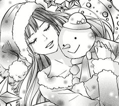 a black and white drawing of a woman holding a snowman in her arms with stars on the background