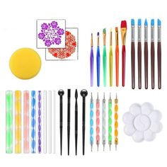 many different types of pens and markers are shown in this image, including one with a yellow circle