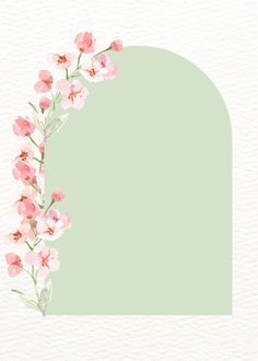 a watercolor painting of pink flowers on a light green background with an arch in the middle