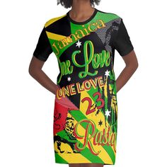 Loose and casual fit jersey t-shirt dress. Printed polyester blend front panel, solid color 100% cotton back/sleeves/rib. Size range XS-2XL. Jamaican Reggae colors and wicked graphics on this funky design. One Love Party, Reggae Dress, Party Graphic, Love Party, Funky Design, One Love, Dress For Sale, Casual Fit, Casual Fits