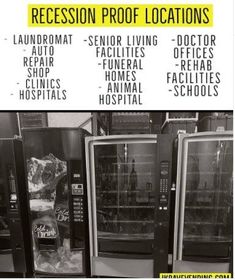 a black and white photo with words describing the different types of vending machines in front of them