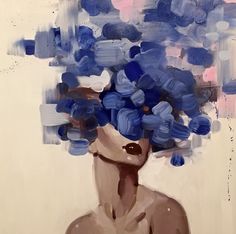 a painting of a woman with blue flowers in her hair