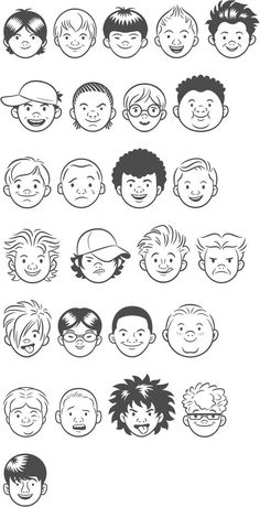 a bunch of different faces drawn in black and white