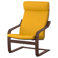 a yellow chair sitting on top of a wooden frame with an armrest and foot rest