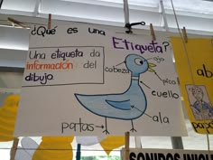 several signs hanging from the ceiling with words written in spanish and other languages on them