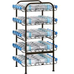 a metal rack filled with lots of water bottles