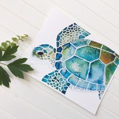 a painting of a sea turtle on a white background next to a green leafy plant