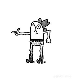 a black and white drawing of a cartoon character pointing at something with his arm out