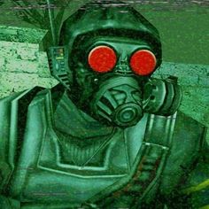 a painting of a man in gas mask and green suit with red eyes looking at the camera