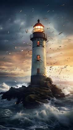 a lighthouse surrounded by seagulls flying over the ocean at sunset or sunrise with dramatic clouds