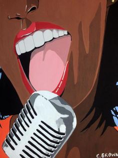 a painting of a woman singing into a microphone with her mouth open and tongue out