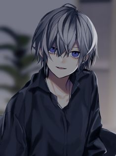 an anime character with blue eyes wearing a black shirt and silver chain around his neck