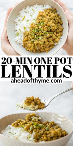 two bowls filled with lentils and rice, one is being spooned into the bowl