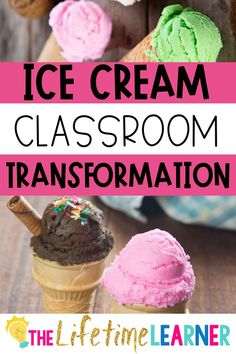 This picture shows a classroom decorated for an ice cream classroom transformation day and has decorations to go with it. It shows different flavors of ice cream cones like strawberry, chocolate and mint. Ice Cream Shop Classroom Transformation, Ice Cream Shop Classroom Theme, Ice Cream Theme Classroom, Ice Cream Bulletin Board Ideas, Ice Cream Classroom