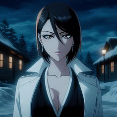 an anime character standing in the snow at night with her eyes wide open, staring into the distance