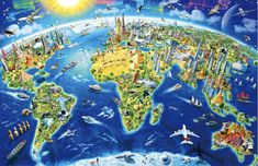 an illustrated map of the world with all its major cities and their main attractions in it