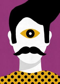 an image of a man with yellow eyes and mustaches on his face, in front of a purple background