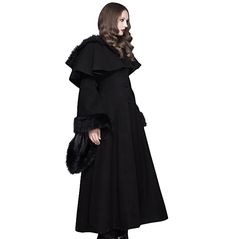 Women's Princess Style Fur Black Coat 148542 Gothic Hooded Winter Cape, Gothic Winter Cape Outerwear, Gothic Cape Outerwear For Winter, Hooded Cape For Winter Costume Party, Winter Costume Cape Outerwear, Winter Costume Cape, Winter Costume Outerwear With Faux Fur Lining, Black Costume Outerwear, Black Outerwear For Costume