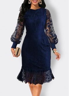 Color:Navy;Size:S;Size:M;Size:L;Size:XL;Size:XXL;Package Contents:1 X Dress;Occasion:Other;Style:Elegant; Elegant Navy Midi Dress For Fall, Navy Dress For Fall Party, Navy Fitted Wedding Dress, Elegant Navy Dresses For Fall, Elegant Navy Dress For Fall, Fitted Knee-length Lace Dress For Banquet, Navy Long Sleeve Midi Dress For Party, Navy Long Sleeve Fitted Dress, Navy Knee-length Mini Dress For Party