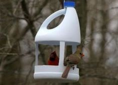 two birds sitting on top of a white bird feeder