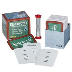 a set of four cards in a box with the words classwords printed on them