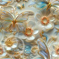 an abstract painting with gold and blue butterflies on white flowers, which appear to be in motion