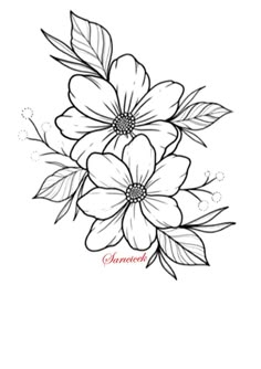 a drawing of flowers with leaves on the bottom and one flower at the top, in black and white