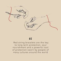 two hands touching each other with the words red string bracelets are the key to long term protection, soul nourishment and a powerful tool of protection