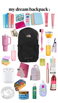 everything i would have in my backpack for school. First Day Of Middle School, In My Backpack, Middle School Outfits, My Backpack, Backpack For School, Curl Cream