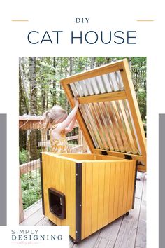 a child reaching into an outdoor cat house with the words simply designing in front of it