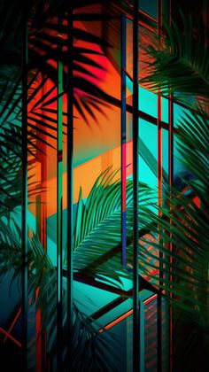 an abstract painting with palm trees in the foreground and bright colors on the background