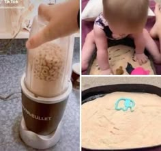 two pictures of babies playing in a blender and then making sand at the same time