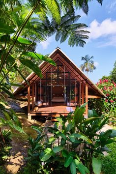 a wooden house surrounded by lush green plants and trees on a sunny day with blue sky in the background