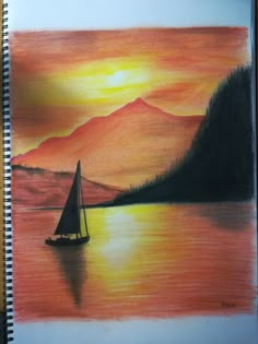 a drawing of a sailboat in the water at sunset