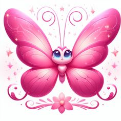 a pink butterfly with blue eyes and stars around it